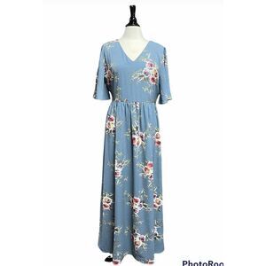 Ashley Le Mican Blue Floral Short Flutter Sleeve Maxi Dress Size XL  NEW